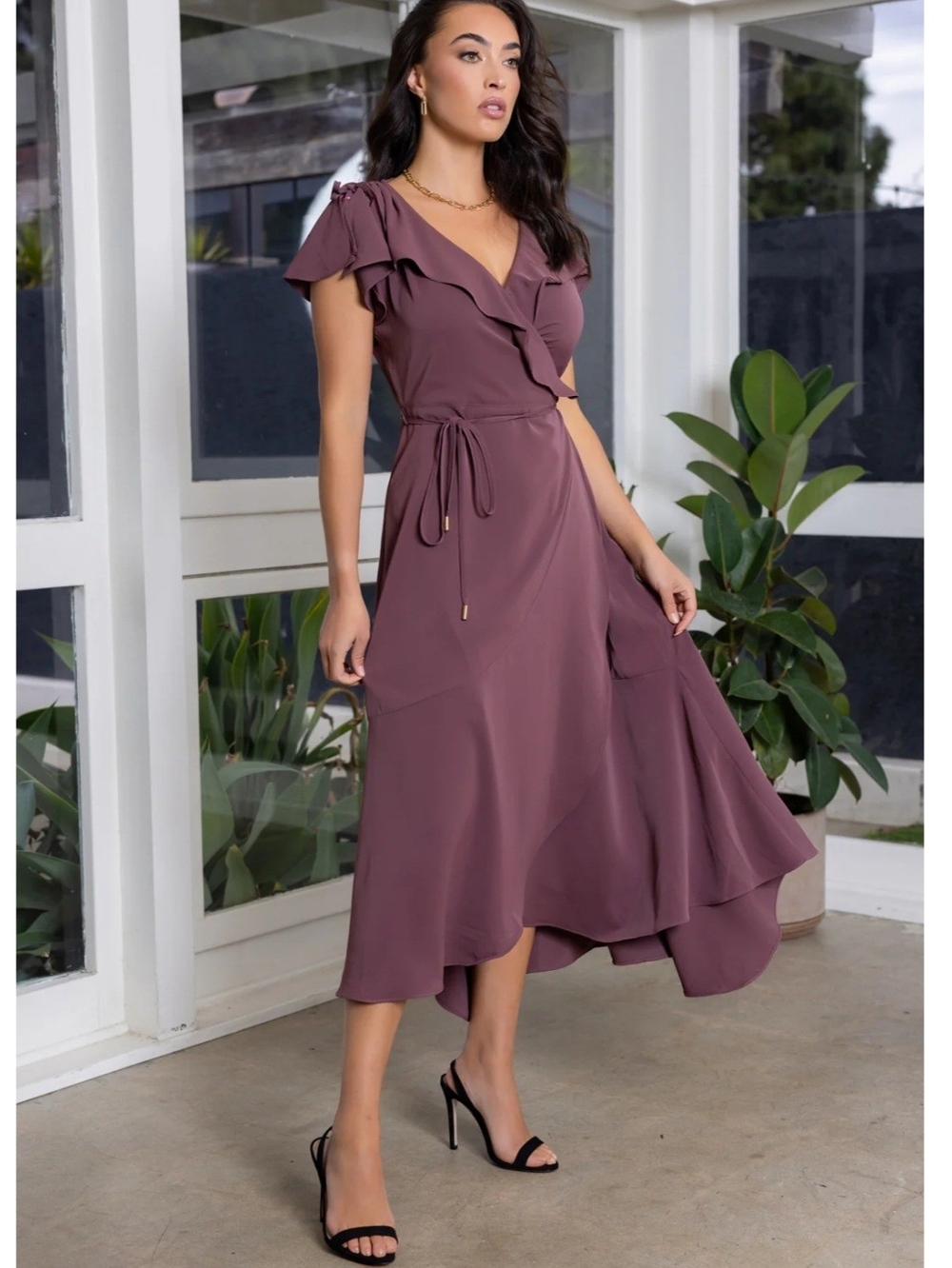 $120 Bishop + Young Small Mauve Wrap Midi Dress with Ruffle Detail